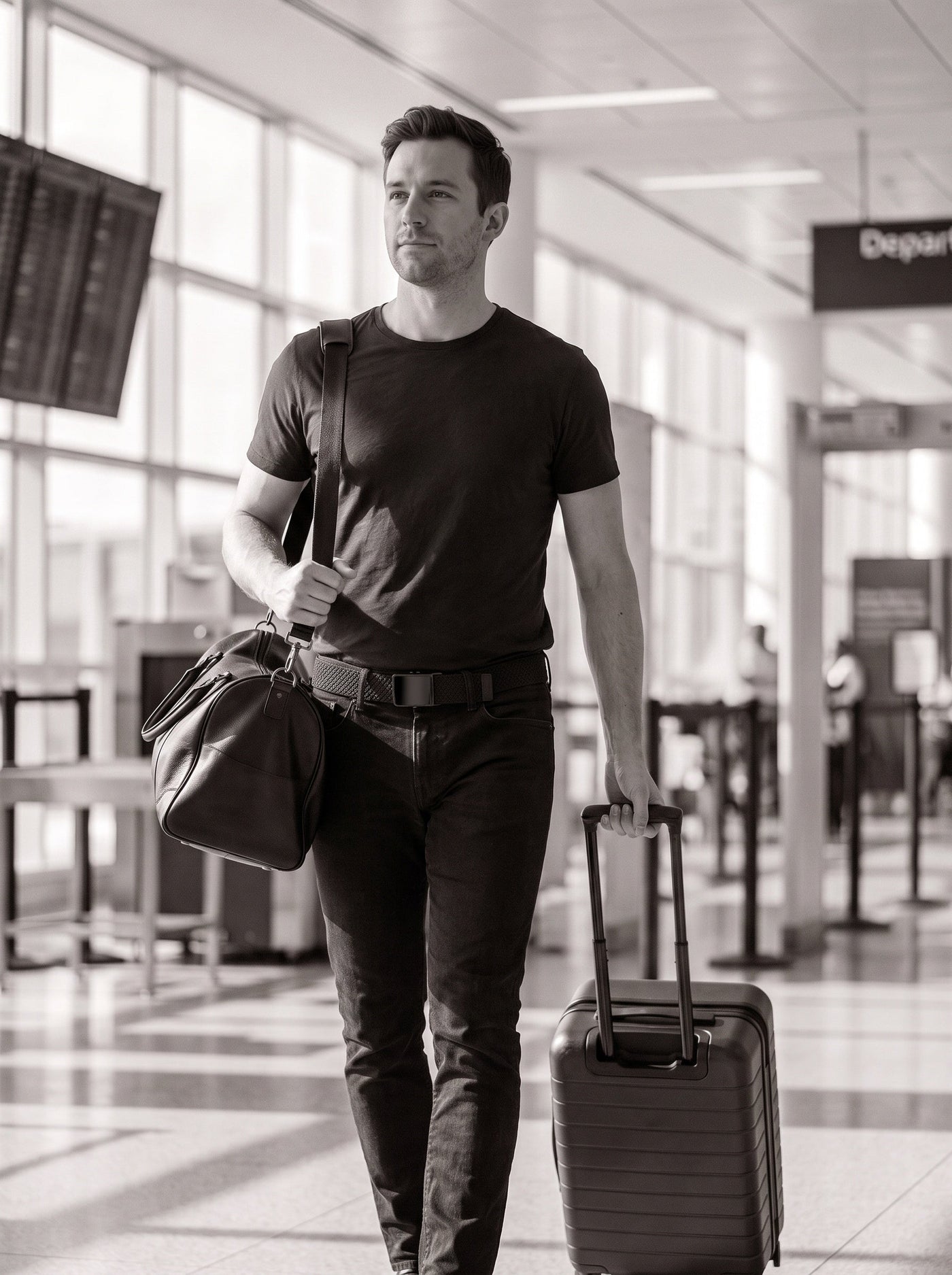 A traveller walks through the airport terminal with a duffel bag and roller suitcase, wearing the Flexy belt