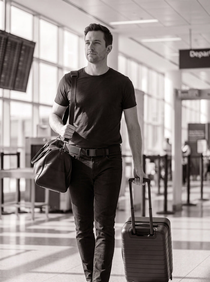 A traveller walks through the airport terminal with a duffel bag and roller suitcase, wearing the Flexy belt