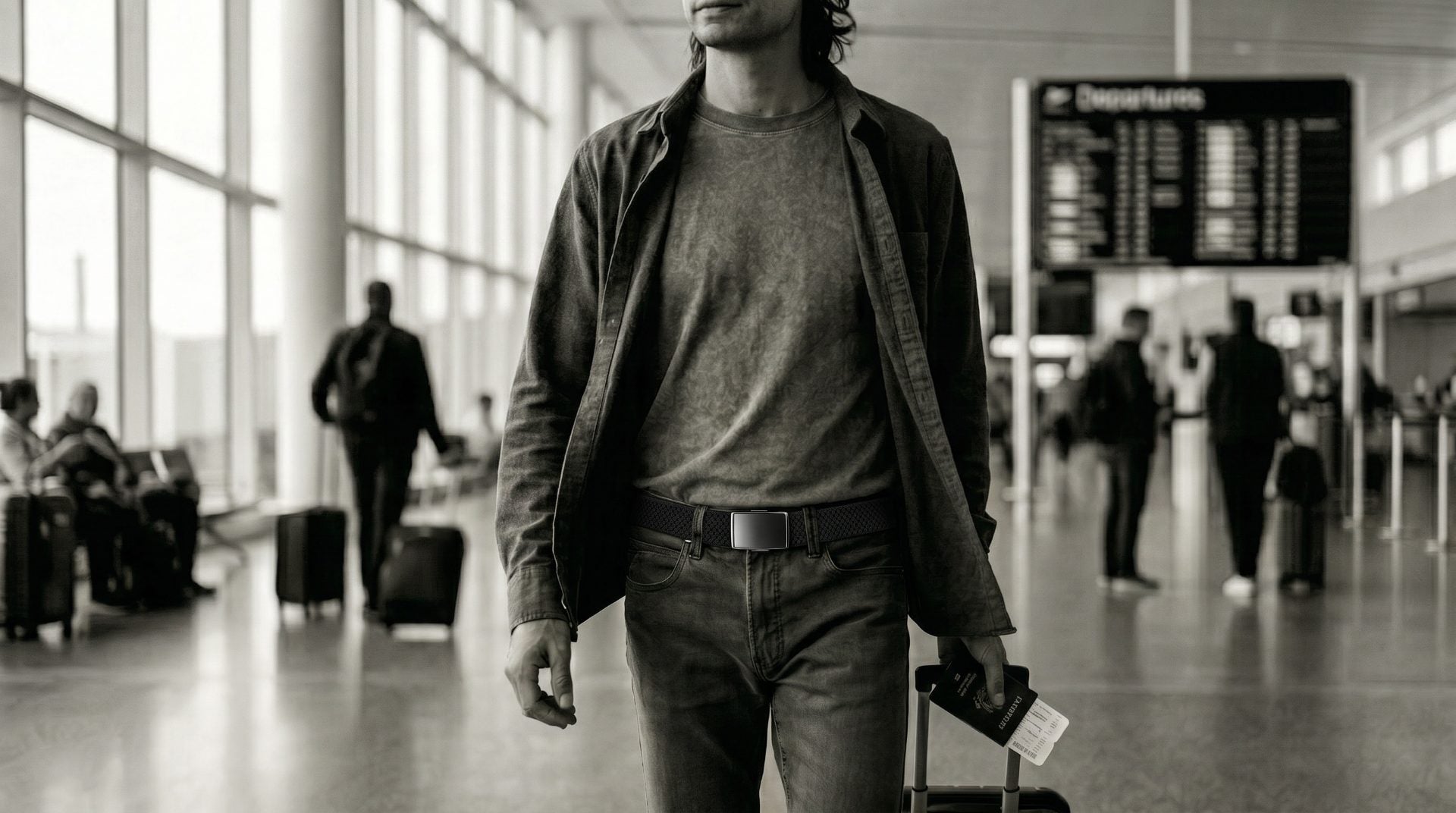 A traveller walking through an airport departures hall wearing the Flexy belt, passport and boarding pass in hand