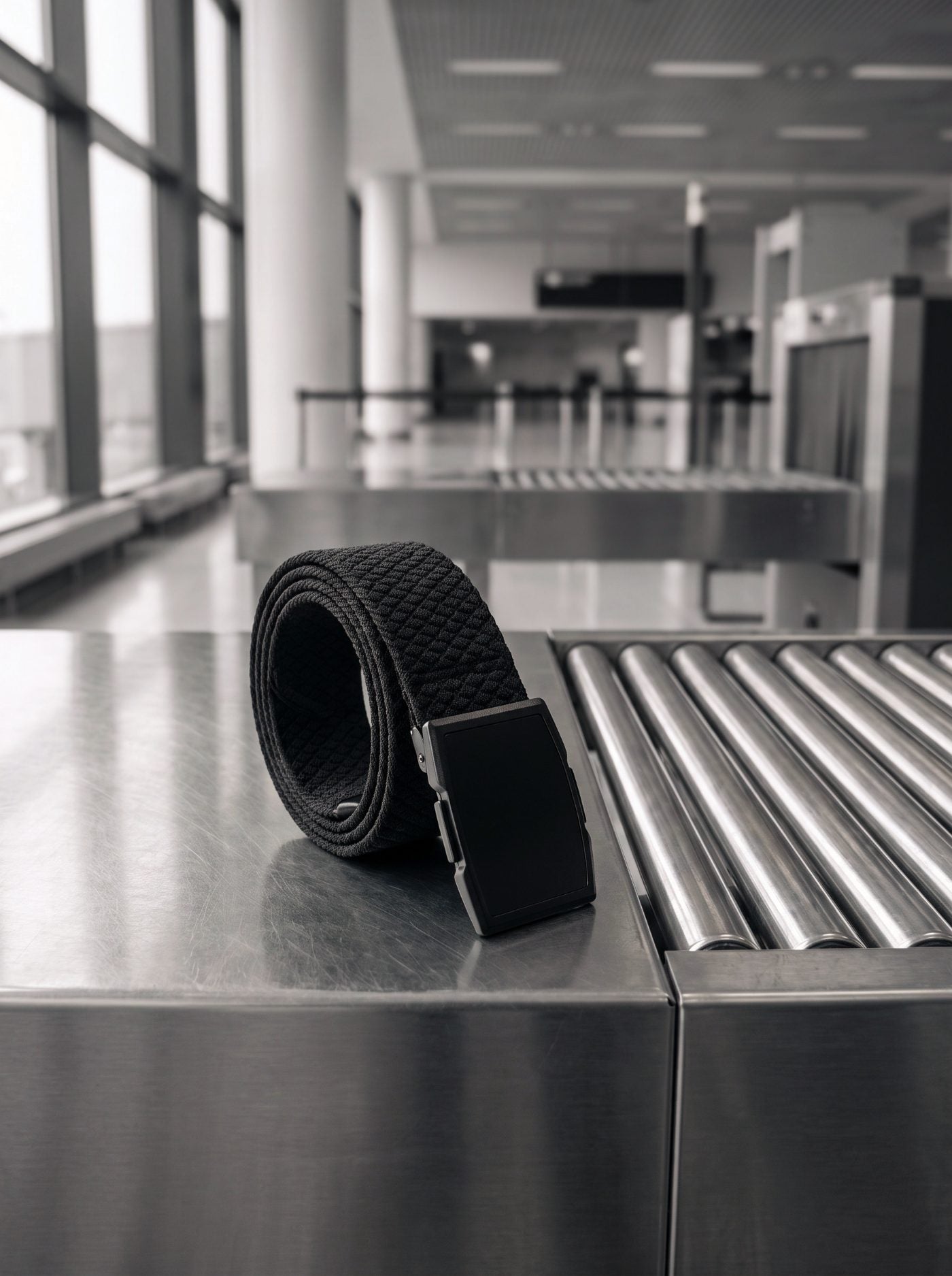 The Flexy belt standing on a stainless steel airport security bench beside the roller conveyor