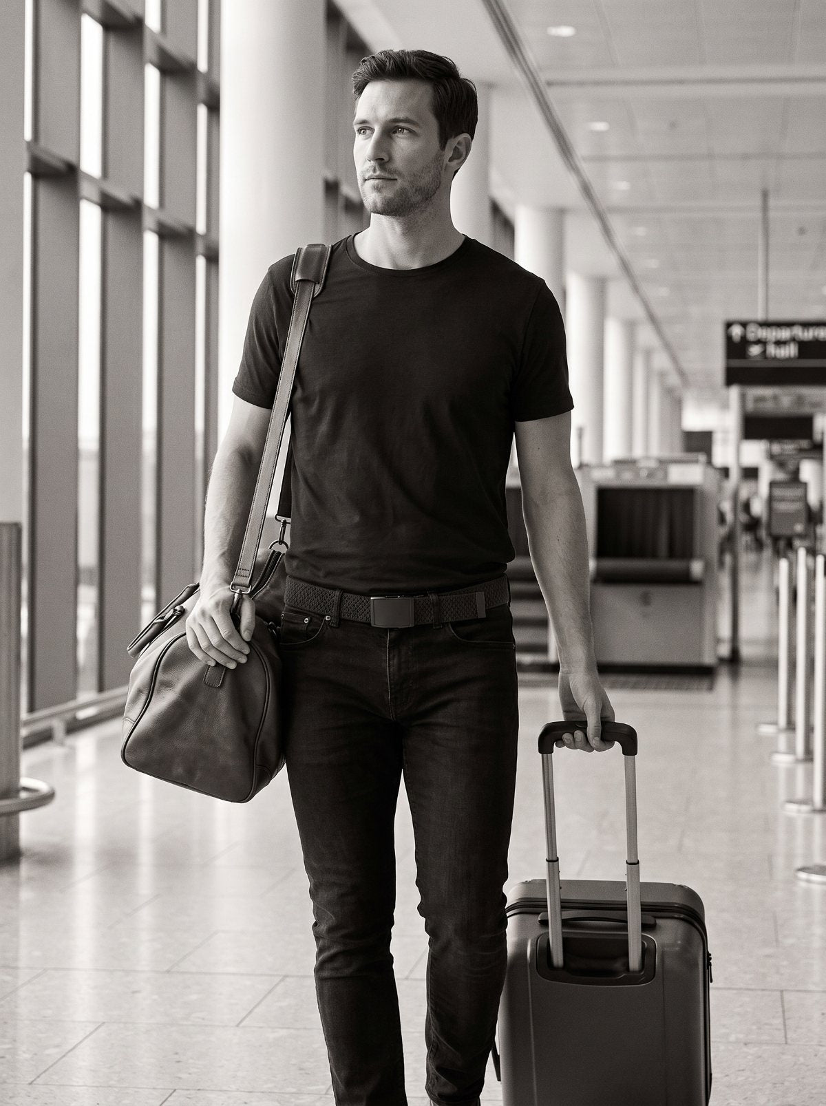 A man walking through an airport terminal wearing the Flexy belt